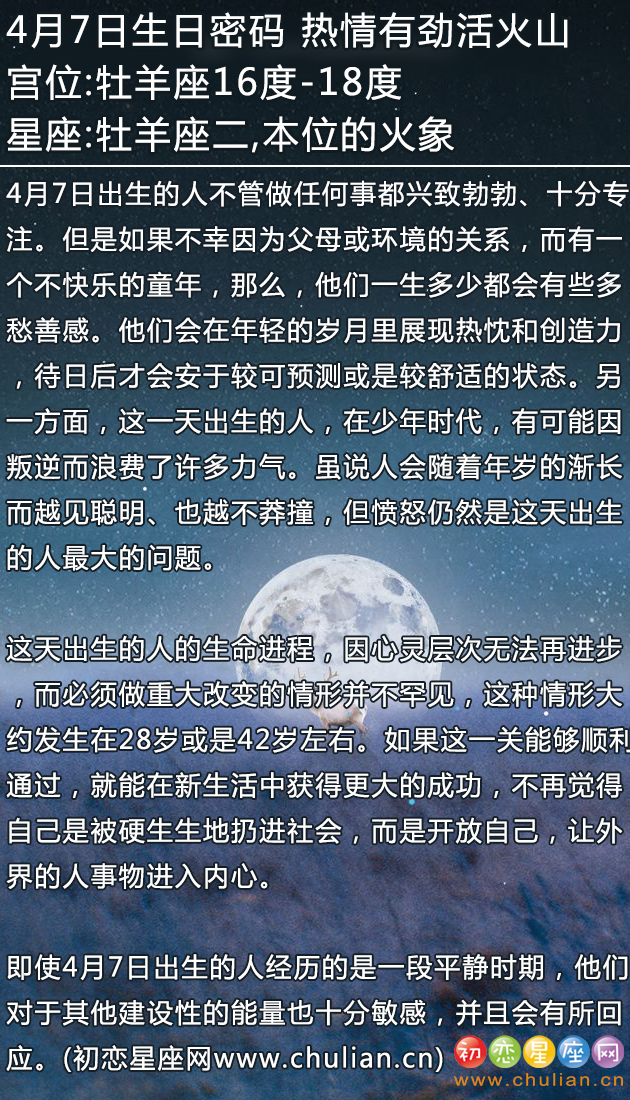 4月7日生日密码：热情有劲活火山